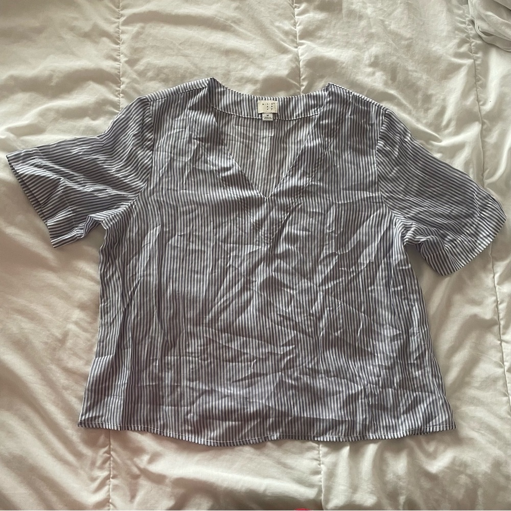 A new day blue and white pinstripe v neck short sleeve top